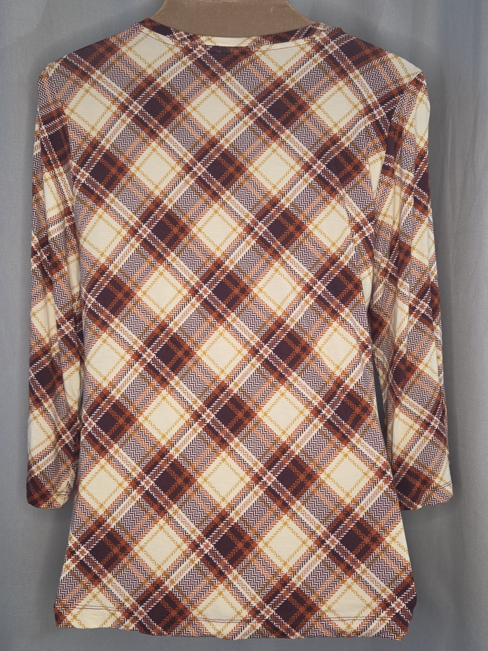 Cato Plaid Long-Sleeve Swing Top - Cream & Brown Size Medium - Picture 2 of 8